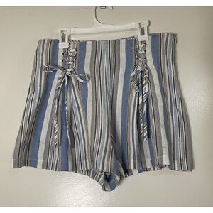 AQUA stripe blue cotton high waist tie front shorts size Medium